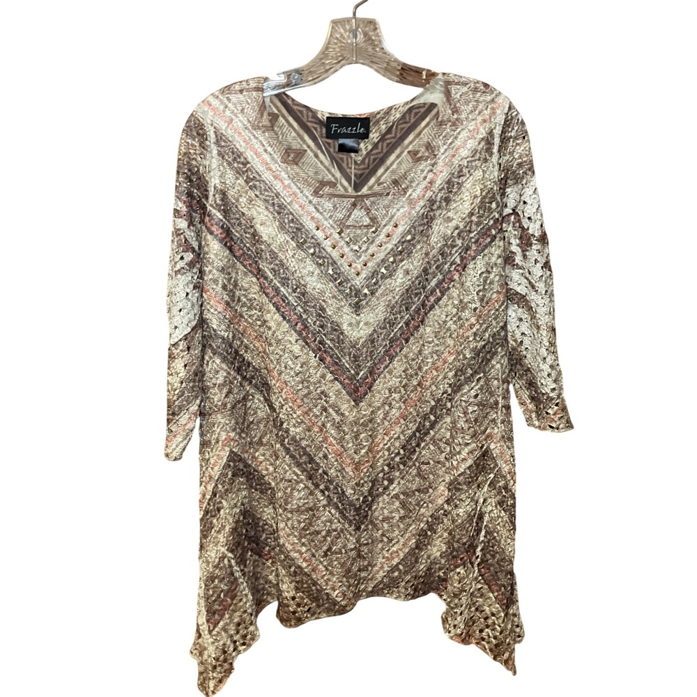 Frazzle Tunic Top Women's L Brown Multi Gl Studded Chevron Handkerchief Hem